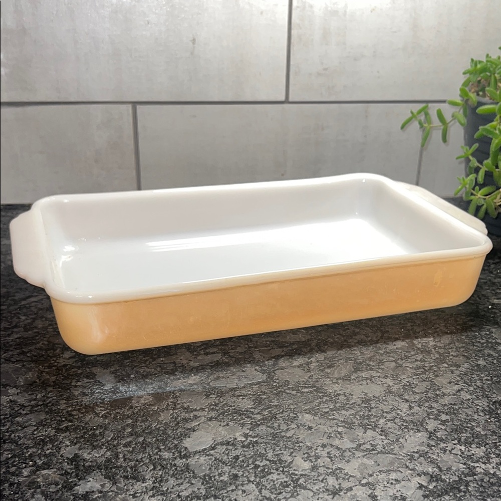 Vintage Fire King rectangular baking dish. Peach Luster. Exc condition. Holidays